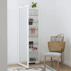 Asue Chaussures étroit en bois laqué blanc avec miroir