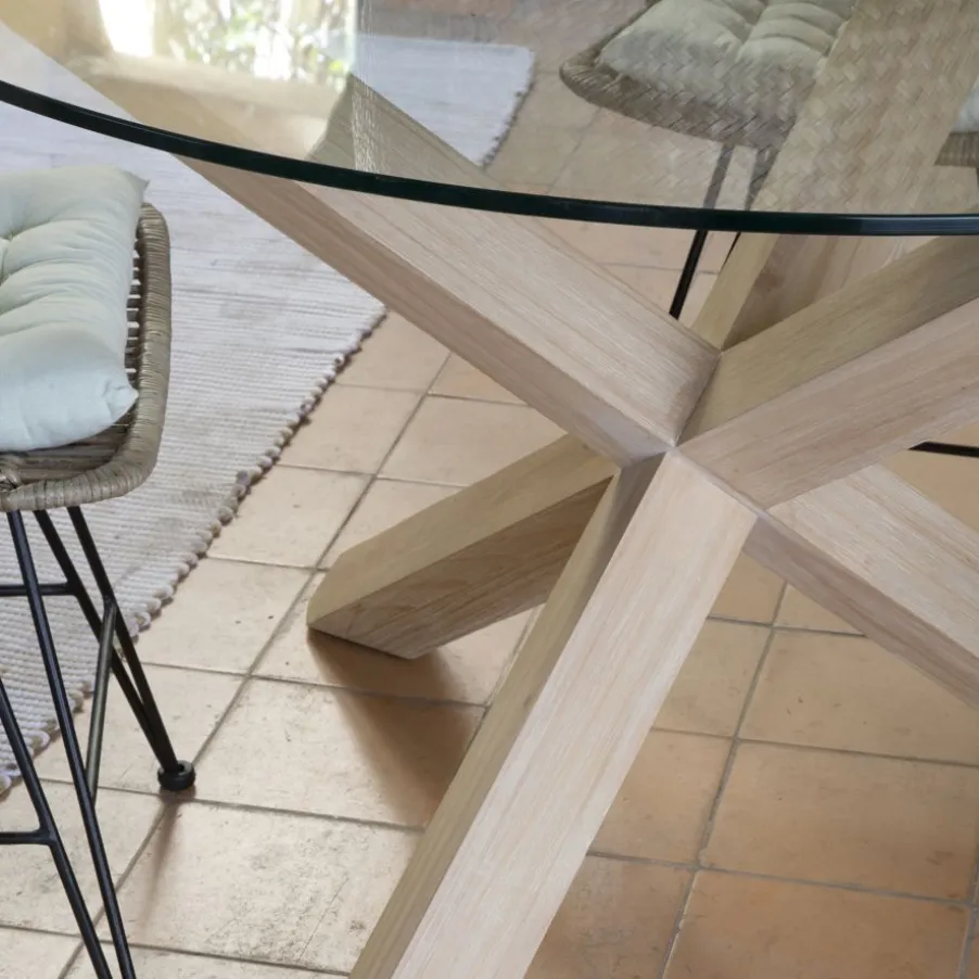 Carot Mesa de comedor de madera maciza natural y cristal redondo de 120 cm