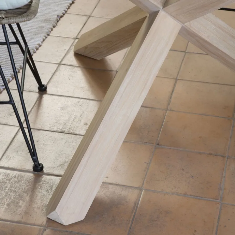 Carot Mesa de comedor de madera maciza natural y cristal redondo de 120 cm
