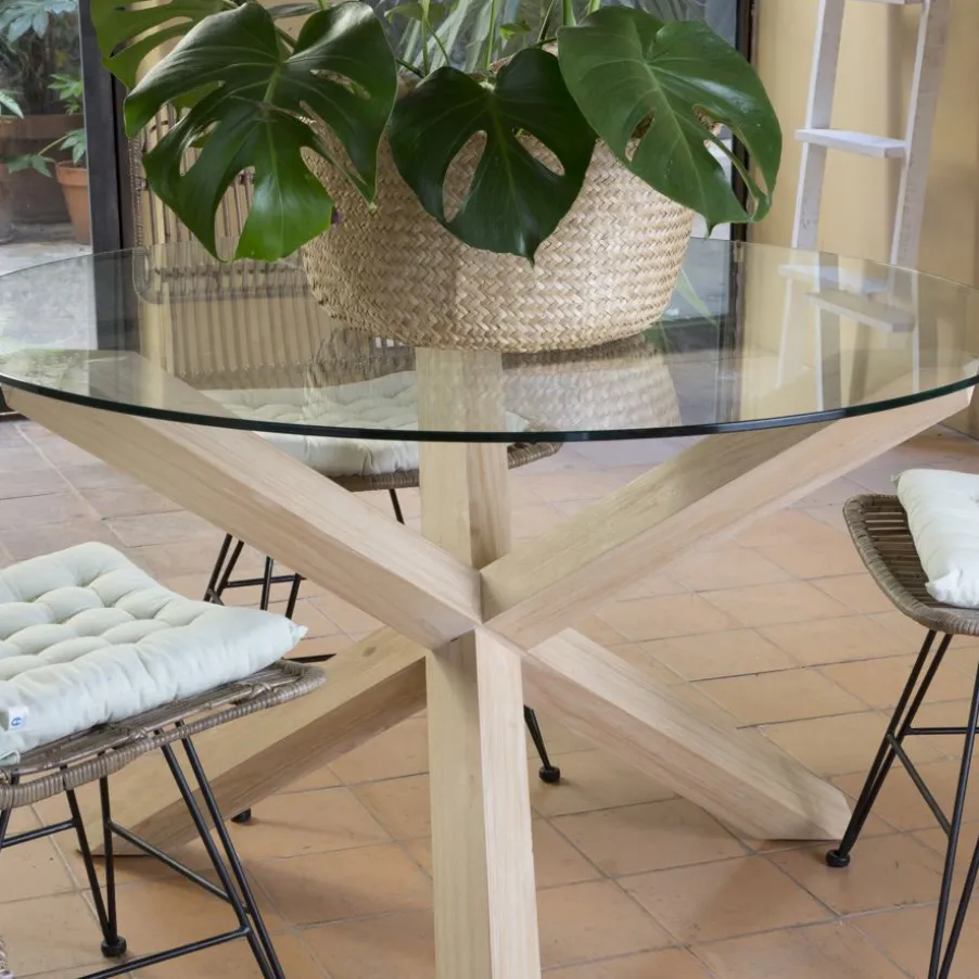 Carot Mesa de comedor de madera maciza natural y cristal redondo de 120 cm