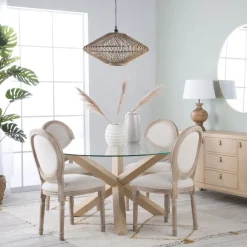 Carot Mesa de comedor de madera maciza natural y cristal redondo de 140 cm