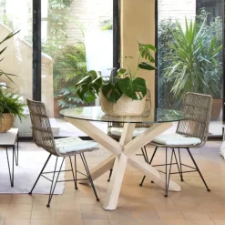 Carot Mesa de comedor de madera maciza natural y cristal redondo de 140 cm