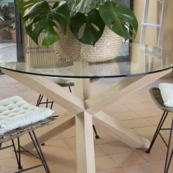 Carot Mesa de comedor de madera maciza natural y cristal redondo de 140 cm
