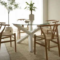 Carot Table à manger en bois massif laqué blanc et verre rond de 120 cm