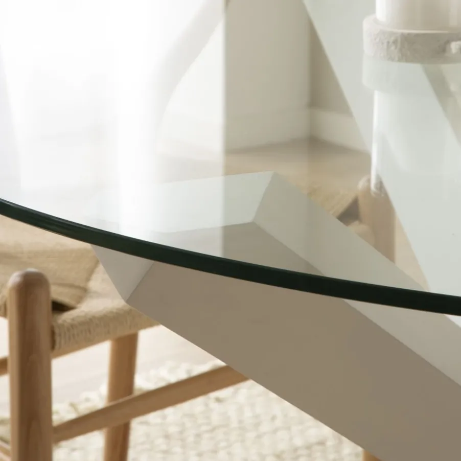 Carot Table à manger en bois massif laqué blanc et verre rond de 120 cm