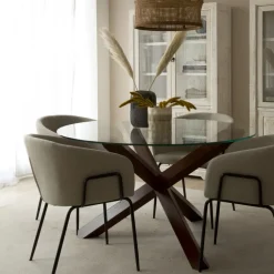 Carot Table &agrave; manger en bois massif teck et verre rond de 120 cm