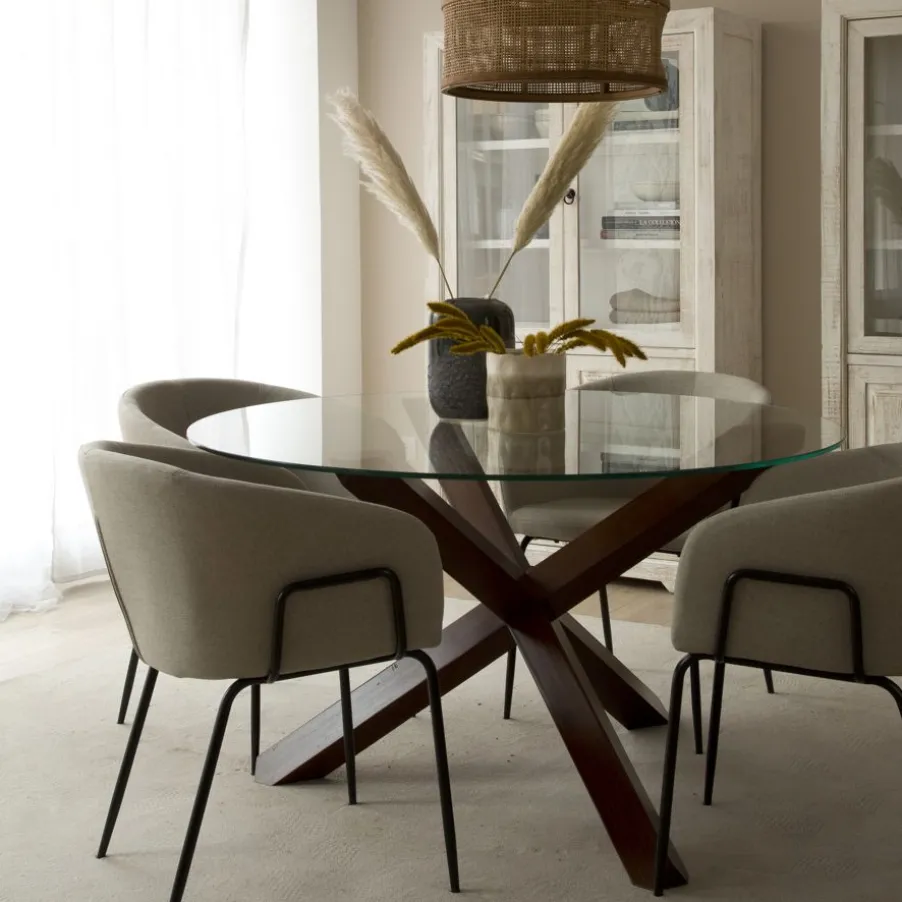 Carot Table à manger en bois massif teck et verre rond de 120 cm