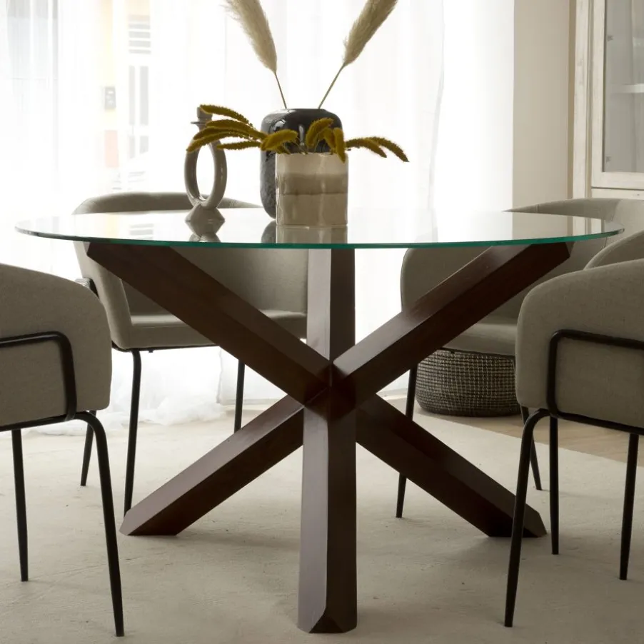 Carot Table à manger en bois massif teck et verre rond de 120 cm