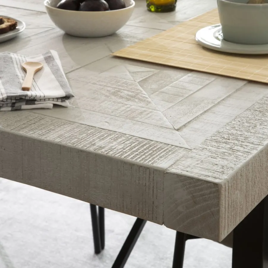 Cuzco Table à manger rectangulaire en bois massif blanc wild et métal noir