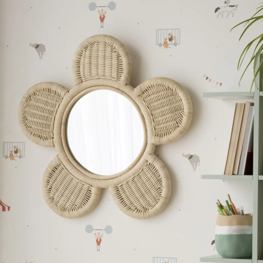 Fleur Miroir mural rond en forme de fleur en rotin naturel