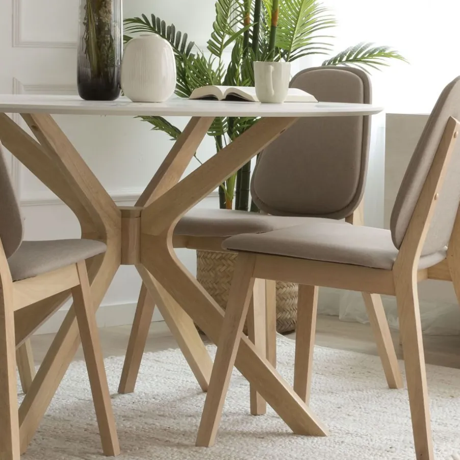 Gales Mesa de comedor redonda de madera color blanco y natural