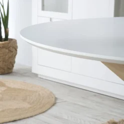 Gales Mesa de comedor redonda de madera color blanco y natural