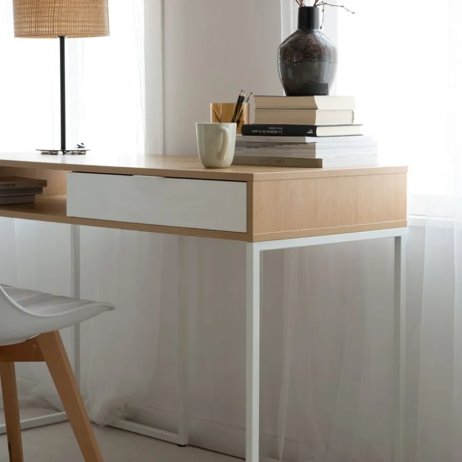 Gauguin Bureau en chêne light et métal blanc avec tiroir