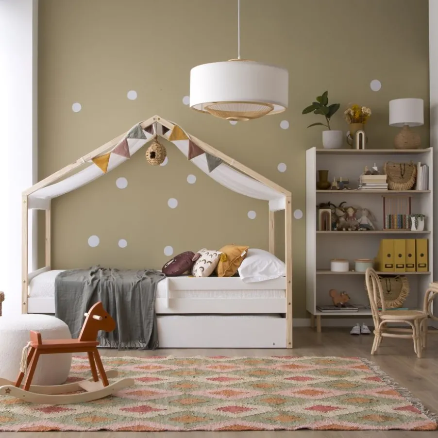 Haus Cama con forma de casa y somier de arrastre para colchón de 90x190 lacada e