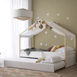 Haus Cama con forma de casa y somier de arrastre para colchón de 90x190 lacada e