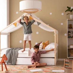 Haus Cama con forma de casa y somier de arrastre para colchón de 90x190 lacada e