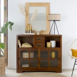 Kenia Vitrine étroite en bois couleur teck.