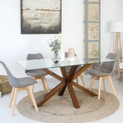 Nurma Table &agrave; manger en bois massif de couleur teck et verre de 160x95