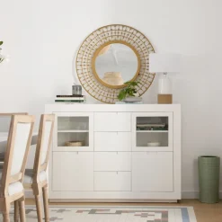 Sisal Buffet étroit en bois laqué blanc
